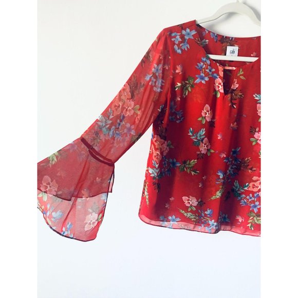 Cabi Devoted Blouse Red Floral Bell Sleeves S - Picture 2 of 8